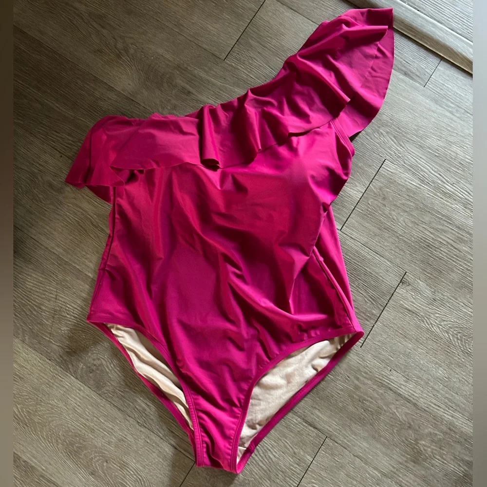 Pink ruffle one shoulder swimsuit